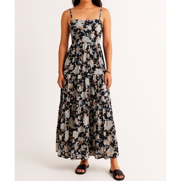 Abercrombie & Fitch Tiered Floral Maxi Dress Black White Cotton Small - Picture 1 of 15